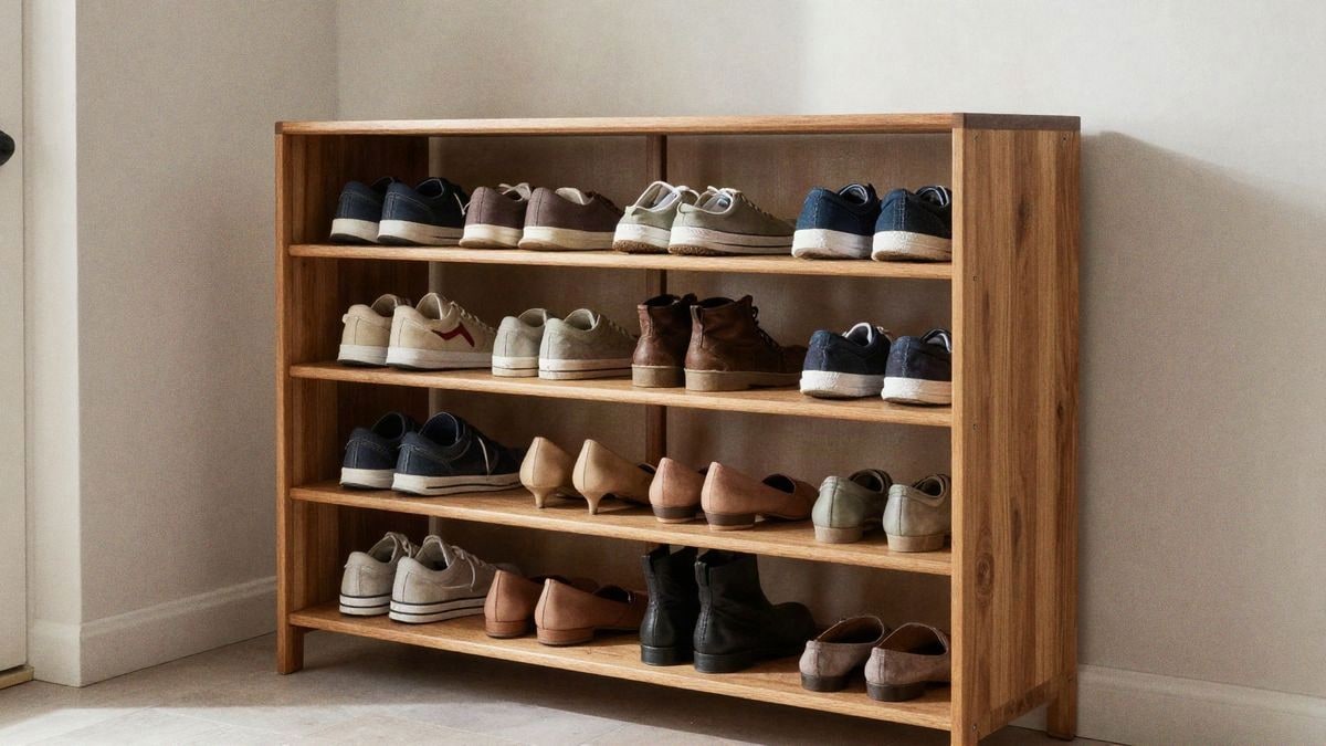 Imagen ilustrativa: Zapatero de madera con estantes llenos de diferentes tipos de zapatos organizados.