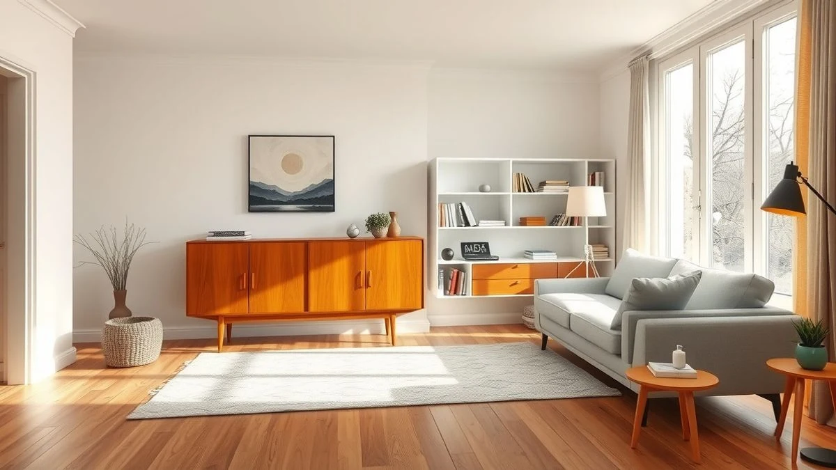 Salón con aparador vintage de teca años 60 integrado en decoración contemporánea