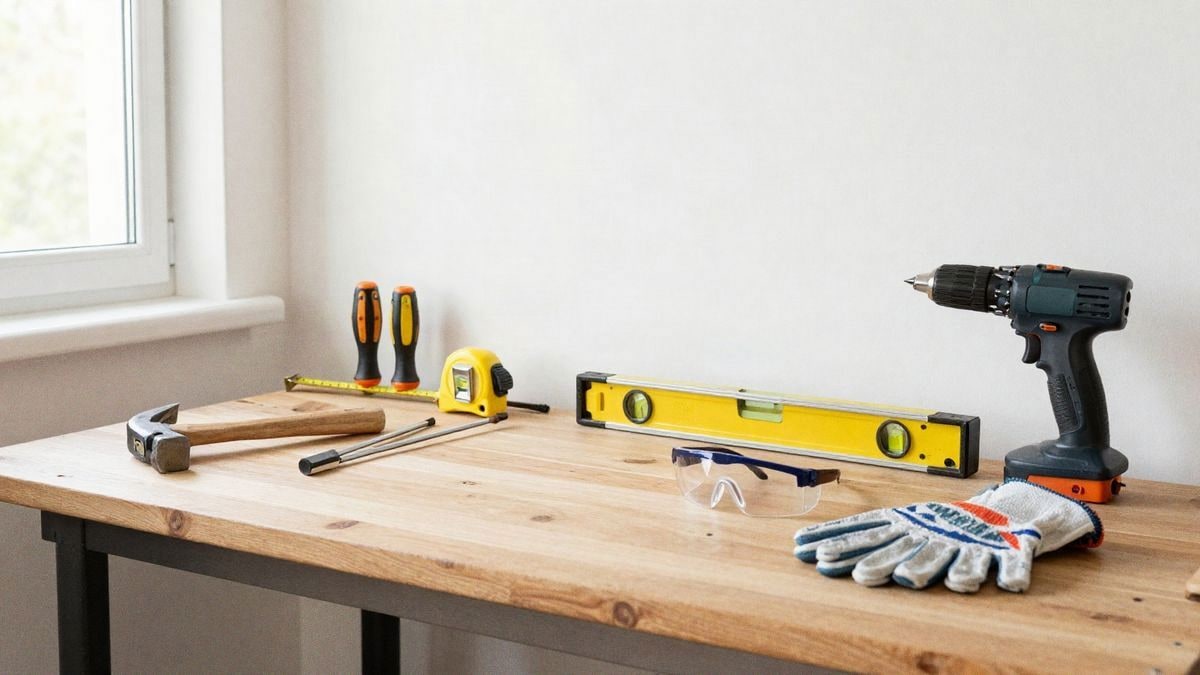 Imagen ilustrativa: herramientas de bricolaje básicas organizadas en un banco de trabajo.