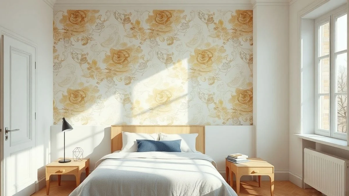 Dormitorio con papel pintado de estampado delicado en la pared de cabecera