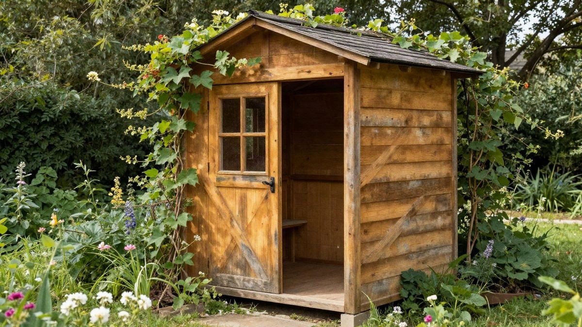 Imagen ilustrativa: cobertizo de madera cálida con plantas trepadoras en un jardín naturista