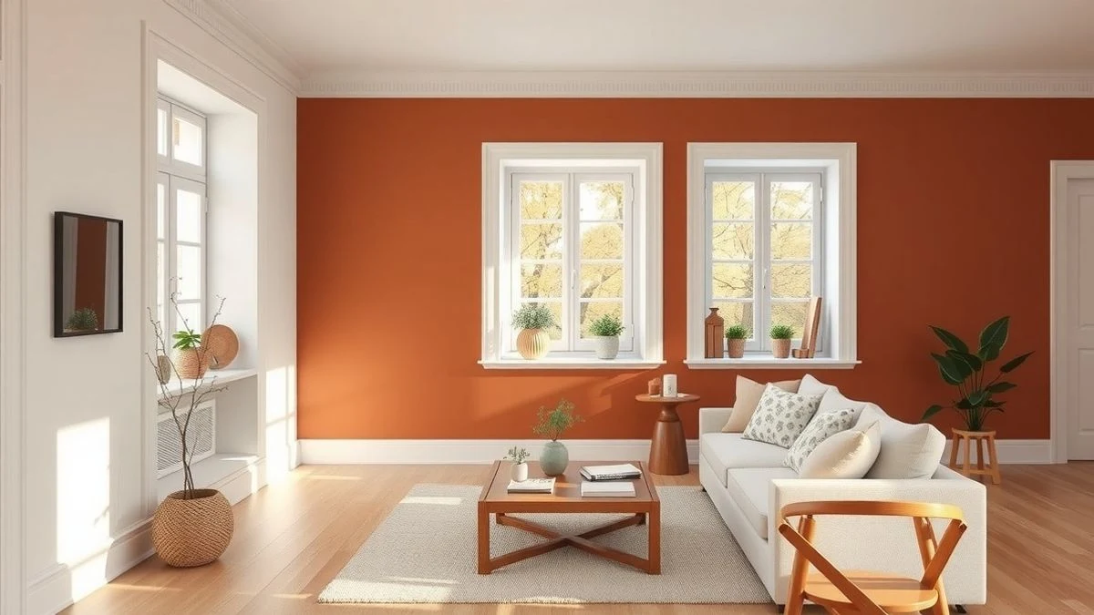 Salón moderno con pared de terracota cálida y accesorios naturales