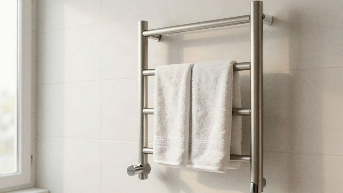 Imagen ilustrativa: toallero calefactor moderno en baño minimalista con toallas esponjosas