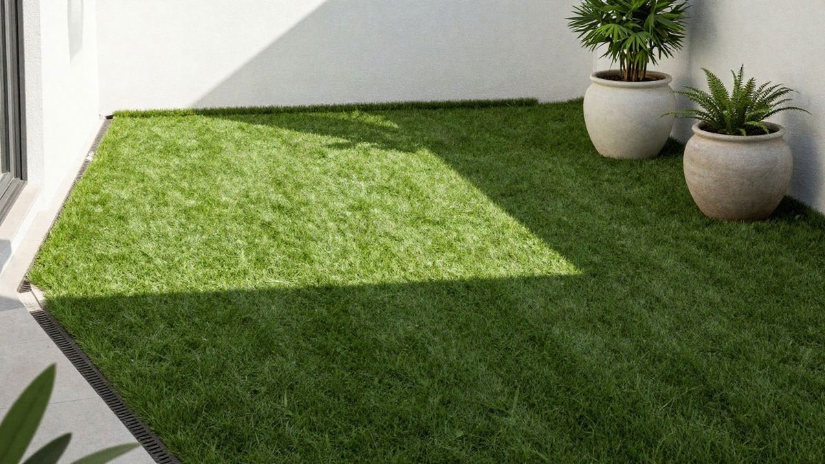Imagen ilustrativa: terraza con césped artificial bien drenado y aspecto fresco en verano.